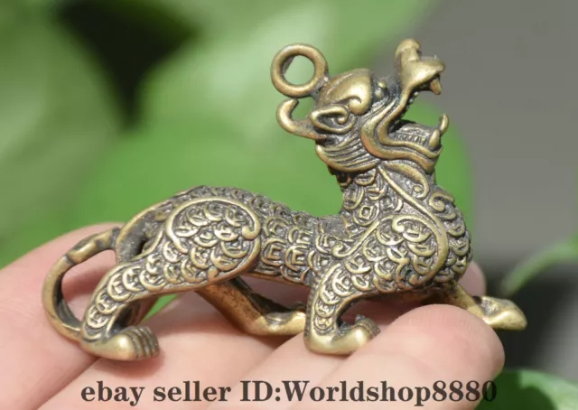2" Old Chinese Brass Fengshui God Beast Qilin Kylin Statue Pendant