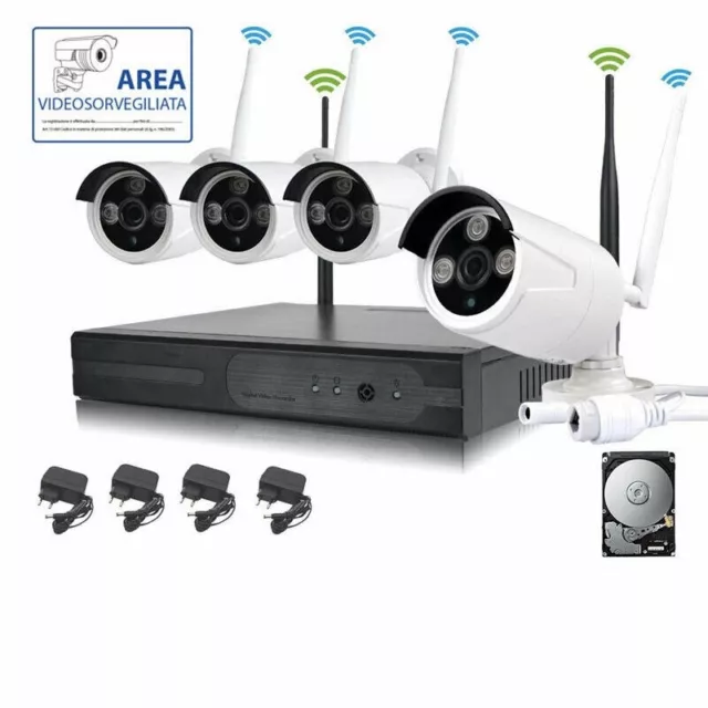 Kit Videosorveglianza Wireless Full Hd Ip 4 Telecamere 2 Mpx Wifi Da Remoto