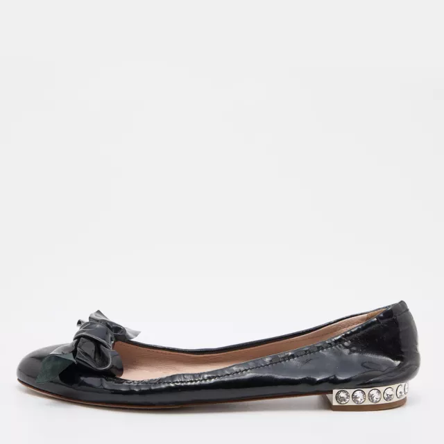 Miu Miu Black Patent Leather Crystal Embellished Bow Ballet Flats Size 38.5