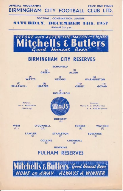 Birmingham City Reserves v Fulham (Combination) 1957/1958