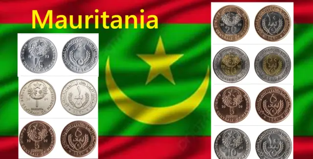 Mauritania coin set 1/5 1 5 10 20 50 Ouguiya 2014 2012 2009 1973 All Palm tree