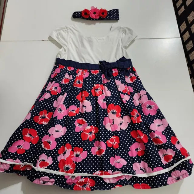 Girls Gymboree Floral Blossom Flower Polka Dot Pink Navy Cotton Dress Outfit 5t