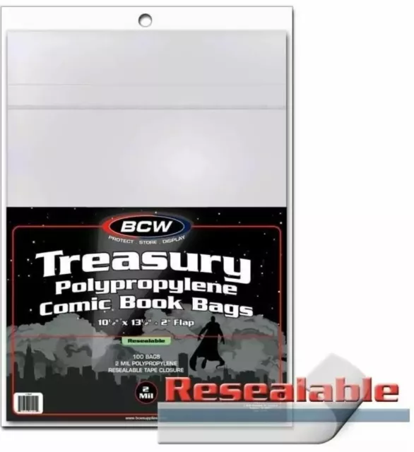 Pack / 100 BCW Resealable Treasury Comic Book 2-Mil Acid Free Poly Bags archival