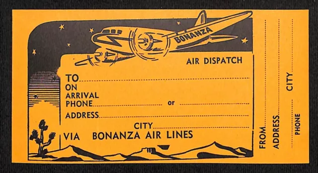 Bonanza Air lines (1945-68) "Air Dispatch" Luggage Label w/ Desert Scene Scarce