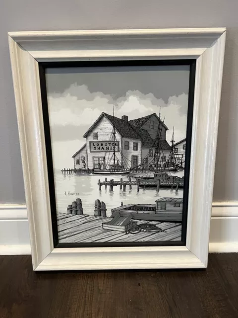 H. Hargrove Black & White "Lobster Shanty" Painting 21"x 17"