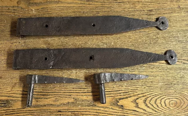 Antique 15” Hand Wrought Iron Barn Door Hinges & Pintels, 19th Century