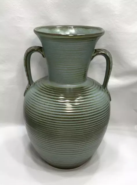 Frankoma # 71 Urn Vase Woodland Moss Ribbed Design Leaf Handles MCM 10.75”