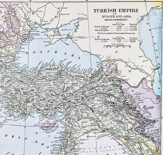 1898 Map of Turkish Empire In Europe and Asia Ceded Territories Greece Romania