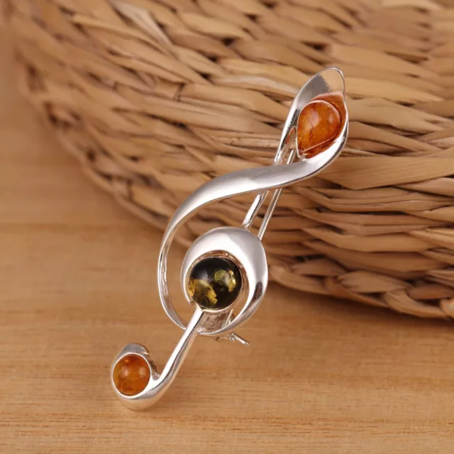 925 Sterling Silver Treble Clef Music Note Brooch Pin Baltic Amber Gift Boxed