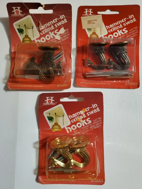 Six (6) Vintage Ceiling or Wall Mount Swag Hooks Brass Finish NOS Made in USA