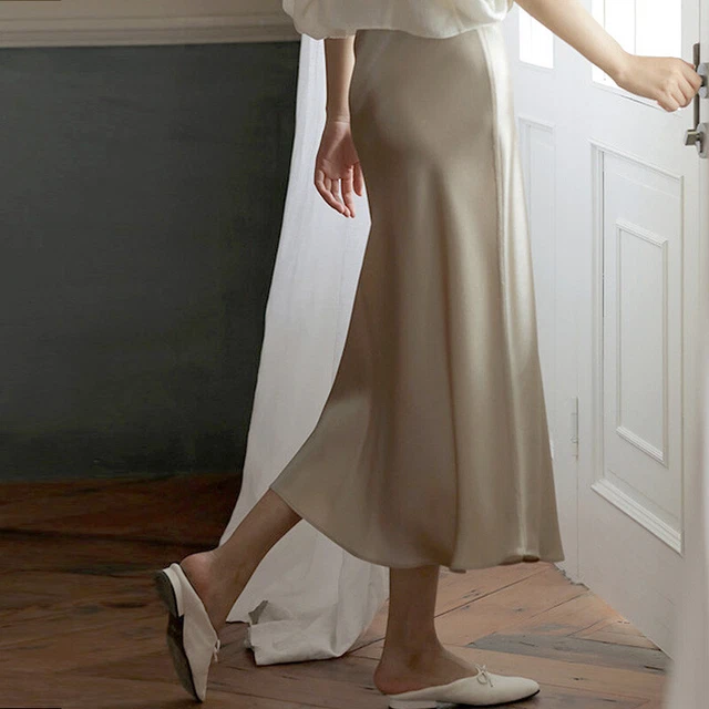 Silk Satin A Line Maxi Skirt Womens Ladies High Waist Swing Slip Long Dress