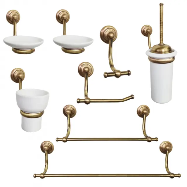 Set Zubehör Badezimmer Stil Klassisch 8 Stück Keramik Und Messing Bronze Rondo