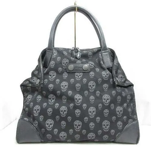 Alexander McQueen Demanta Tote Hand Bag Skull Pattern Black Nylon Leather