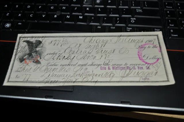1907 Erie & Michigan Railway & Navigation Co Railroad Bank Check Chicago EAGLE!!