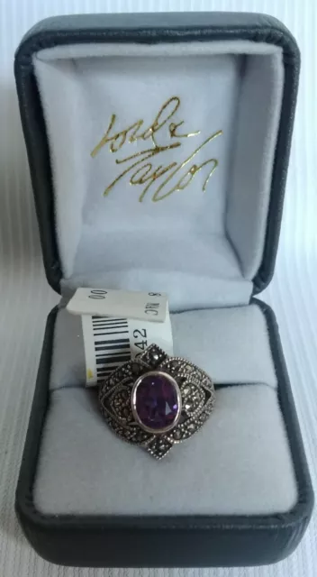 Vtg 925 Sterling Silver Faceted Oval Amethyst Marcasite Ring Size 8 Lord&Taylor