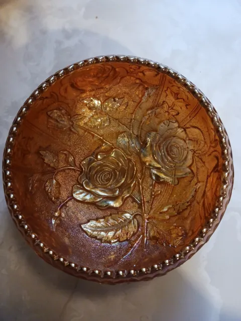 Vintage FENTON Carnival Glass Footed 5-1/2" Bowl Marigold Roses Sawtooth Rim