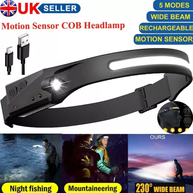 Waterproof COB Headlamp LED Motion Sensor Head Torch Headlight USB Rechargeable