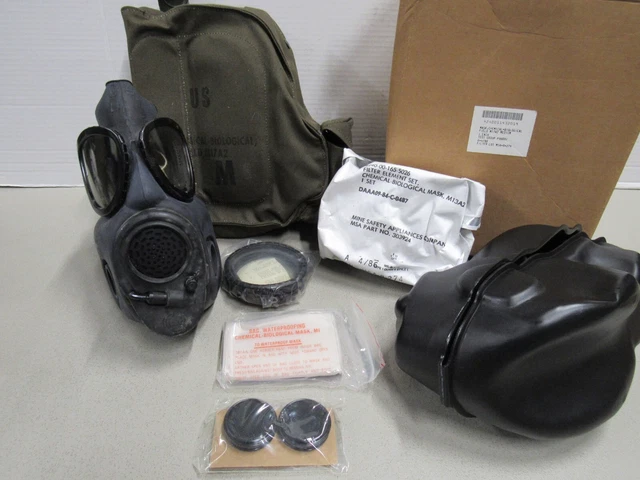 US M17 A2 Gas Mask MSA w/ Filter Canvas Bag Size Medium 1985 Dated New Old Stock US M17 A2 Gas Mask MSA w/ Filter Canvas Bag Size Medium 1985 Dated New Old Stock