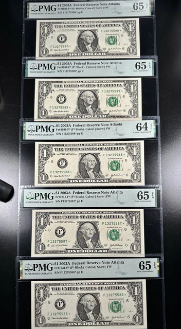 Lot of 5 Consecutive Star Federal Reserve Notes PMG 64 and 65 EPQ fr 1931-F* ATL