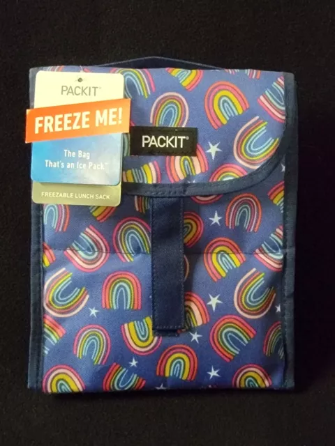 New with tags Packit Freezable Lunch Bag BlueRainbow Pattern No Ice Packs Needed