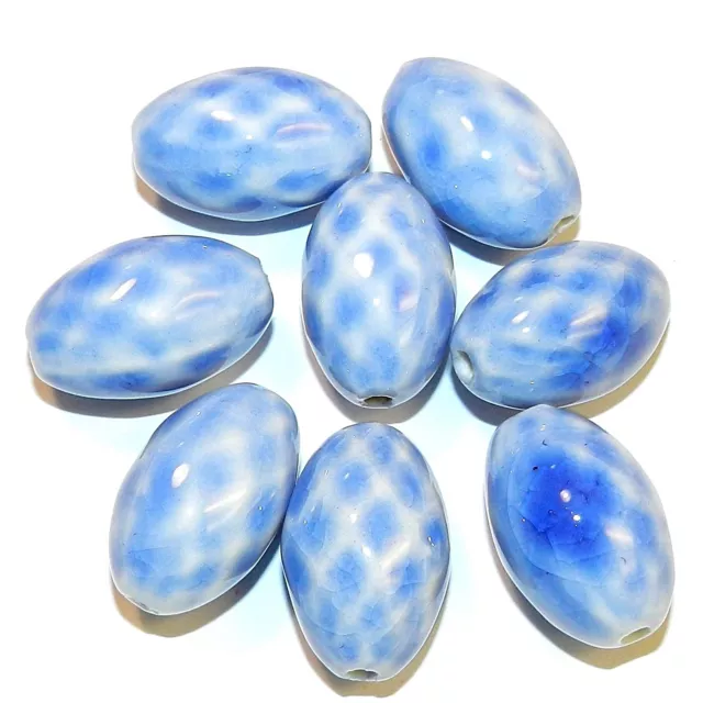 CPC261 Blue & White Diamond Check 25mm Tapered Oval Porcelain Beads 8pc
