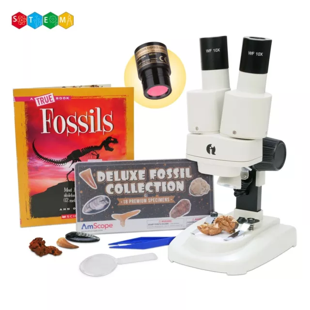 IQCREW / Amscope Kids Deluxe 20-50X Portable LED Microscope w Camera +Fossil Kit
