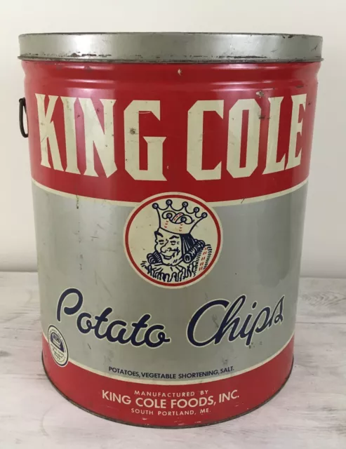 Vintage King Cole Brand Potato Chips Metal Advertising Can Tin Litho w Lid