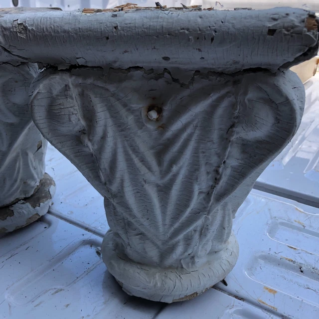 Pretty c1850 vintage hand carved wooden porch capitals 13” h 10.5” sq x 6.5” dia 2