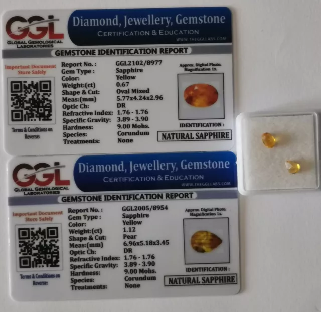 Lot de 2 saphirs jaunes naturels du Sri Lanka - 1,79 Carat avec certificats.