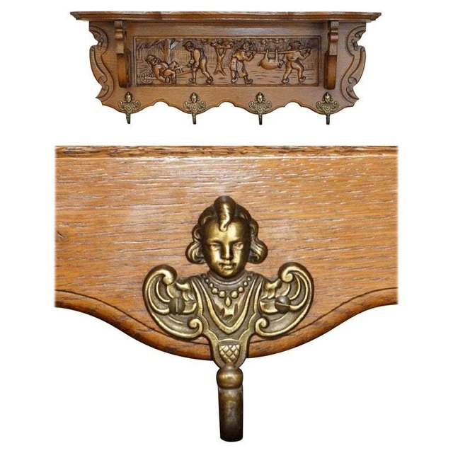 Antique Dutch Heavily Carved Oak Coat Hat Scarf Wall Rack Hanger French Hooks