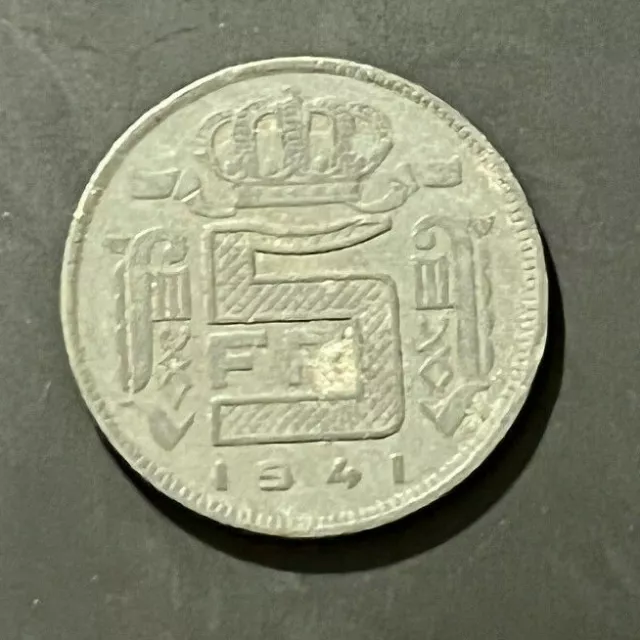 1941 Belgium 5 Francs Coin - SCARCE - FREE P&P