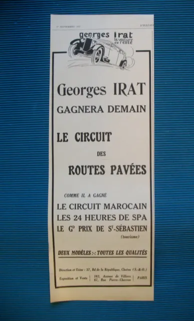 PUBLICITE DE PRESSE GEORGES IRAT AUTOMOBILE CIRCUIT DES ROUTES PAVéES AD 1927
