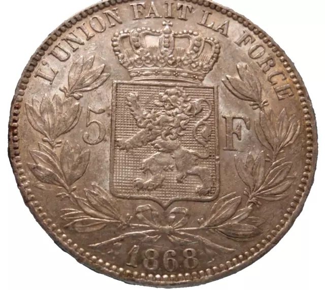 Belgium 1868 AU 5 Francs King Leopold II .900 Silver Crown KM# 24 Littleton Coin