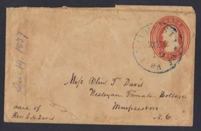 Us 1857 University Of Va Cancel In Blue On 3¢ Washington Postal Cover The First