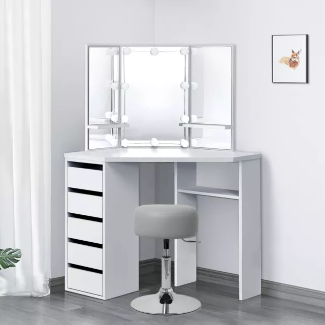 Table de maquillage d'angle coiffeuse avec miroir et LED + tabouret gris clair