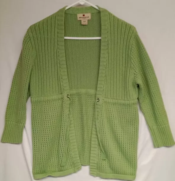 Woolrich Womens Sweater S Cardigan Open Front Lichen Green Knit Cotton Hip Lgth