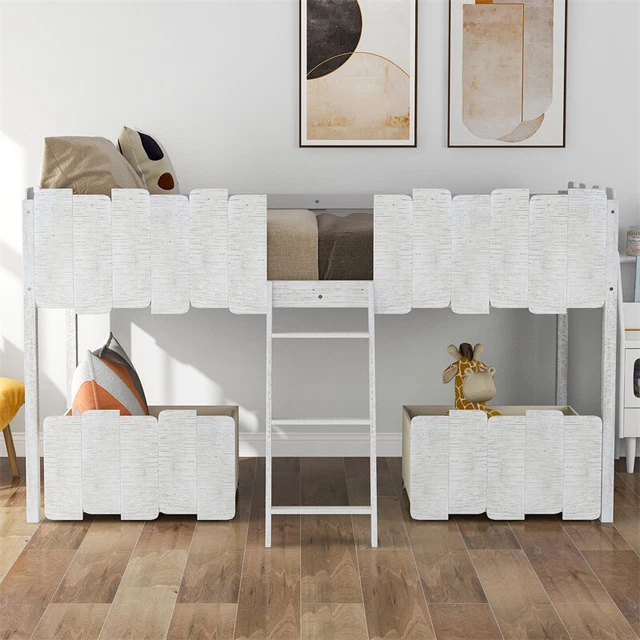 New Twin Size Rustic Loft Bed with Two Drawers ladder Gray and White Bed Frames