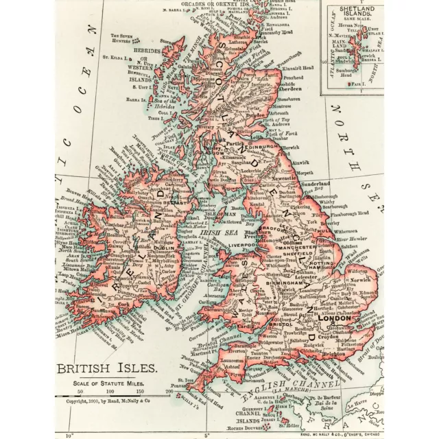 Map Rand McNally 1900 British Isles Ireland UK Chart  Large Wall Art Print 18X24