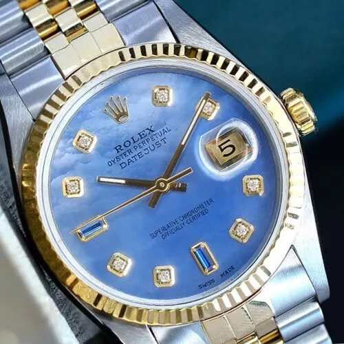 Rolex Mens Watch Datejust 16233 Gold  Steel Blue Dial 18Ky Fluted Bezel 36Mm