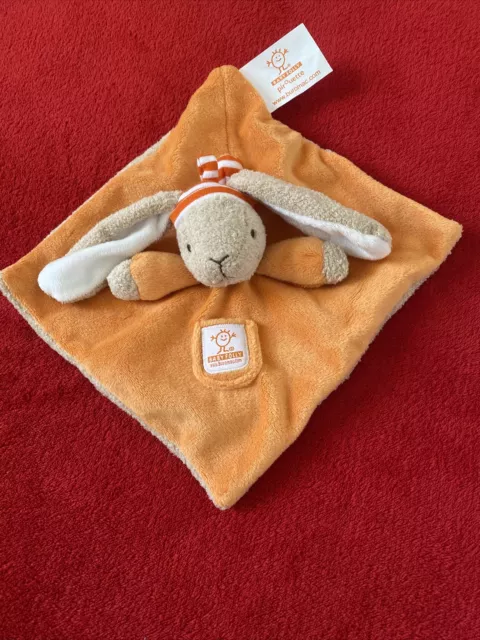🇫🇷Doudou Plat Lapin Beige Bonnet Rouge Rayé Carré Orange Pirouette Neuf