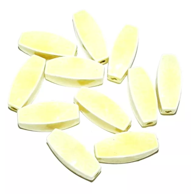 CPC197 Handmade Light Yellow Glazed Porcelain 31mm 4-Sided Oval Beads 10pc