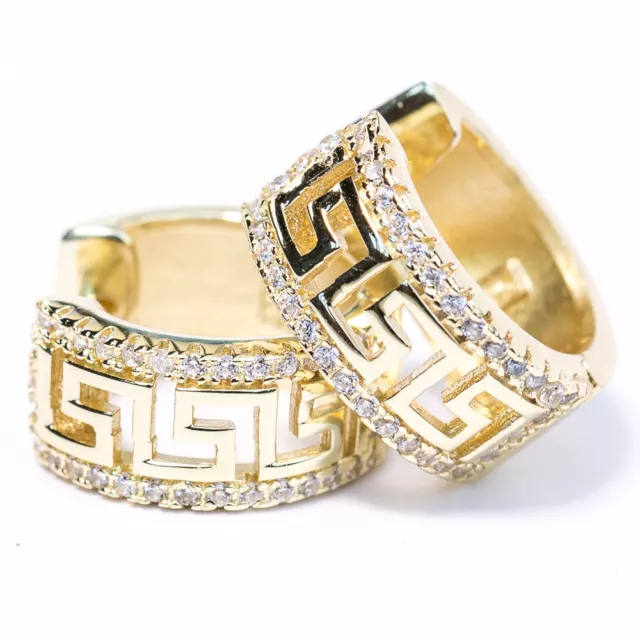 14k Gold Plated Greek Key Huggie Men's Women’s Hoop Earrings with Cz