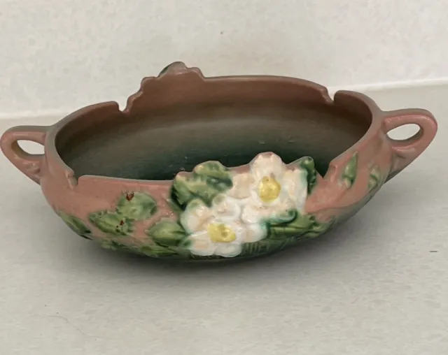 Roseville White Rose  Usa Pottery Green 389-6 Double Handle Bowl