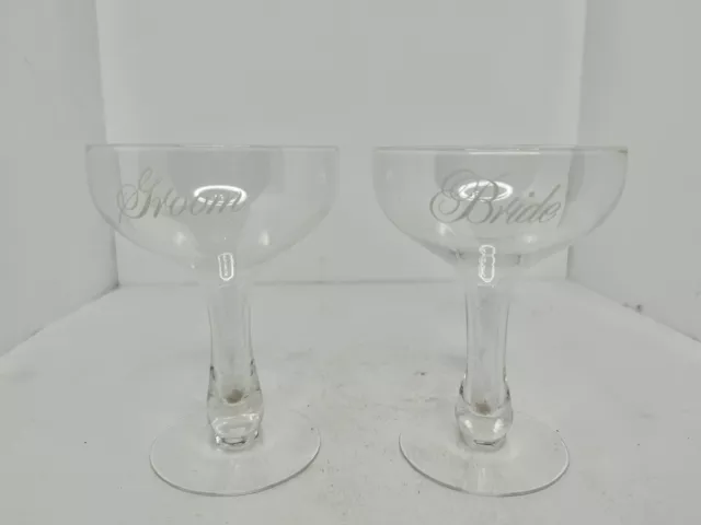 Vintage MCM Bride & Groom Hollow Stem Champagne Glasses 5.75” Mint