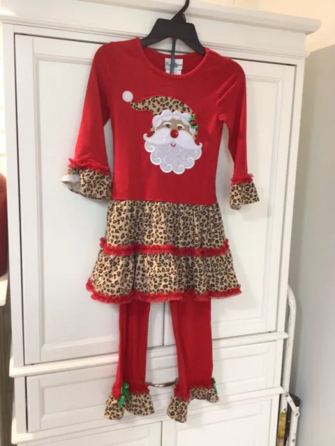 Rare Editions girls Sz 8 Santa Christmas Holiday outfit Leopard legging set