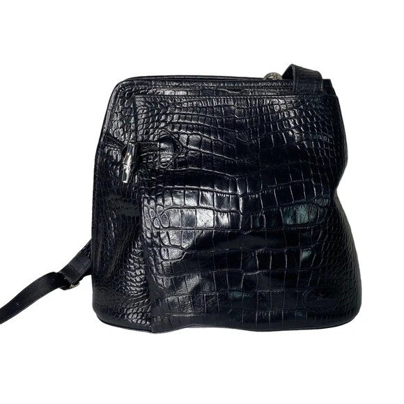 Longchamp VTG Croc Embossed Roseau Side Zip Toggle Shoulder Bag 2