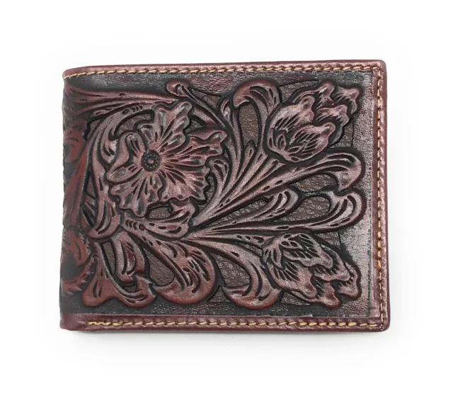 Western Genuine Tooled Leather Laser Cut Men's Bifold Short Wallet