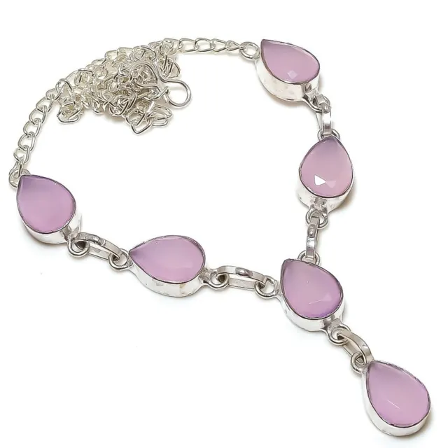 Pink Chalcedony Gemstone Ethnic 925 Sterling Silver Jewelry Necklace 18"