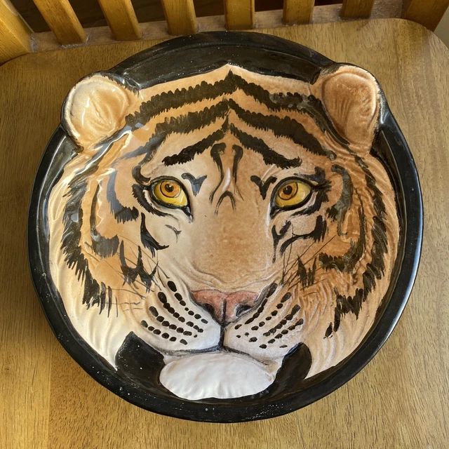 Italian Pottery Tiger Bowl Majolica Black Made In Italy Big Cat
