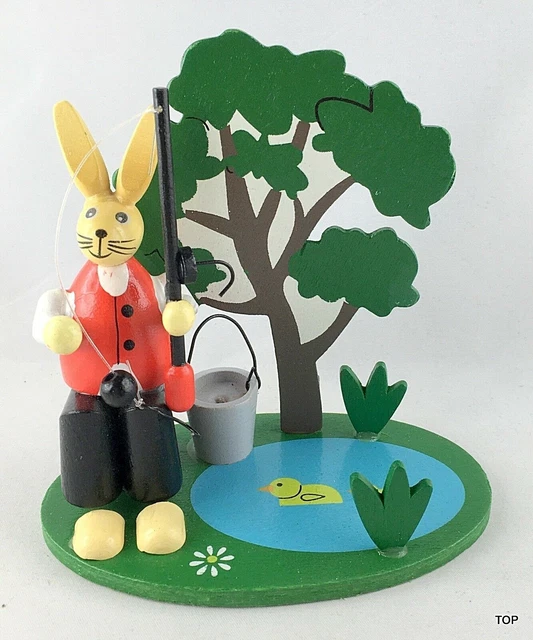 Pesca Lepre Osterszene Coniglio di Pasqua Seduto Decorazione Legno